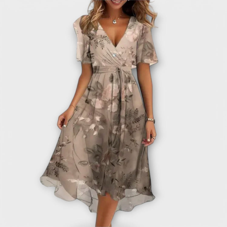 Anegret | Stylish Floral V-Neck Midi Dress - Lisa New York