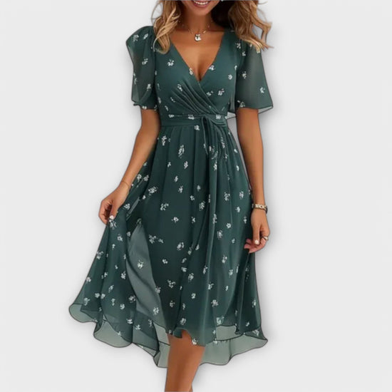 Anegret | Stylish Floral V-Neck Midi Dress - Lisa New York
