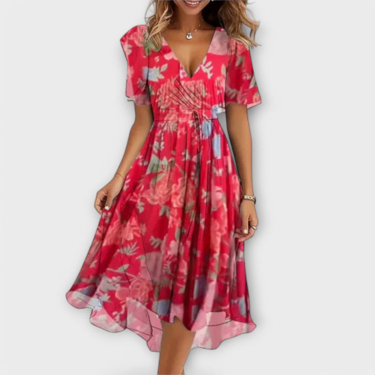 Anegret | Stylish Floral V-Neck Midi Dress - Lisa New York