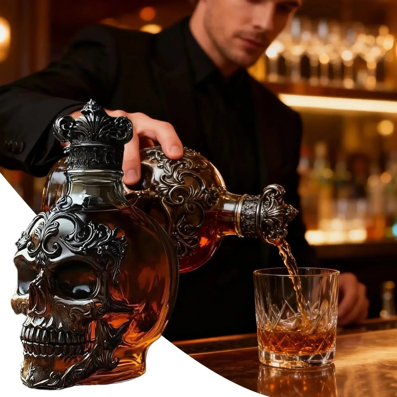 Skull King Whiskey Decanter – Gothic Glass Bottle for Liquor, Bourbon & Bar Decor - FairyLightTrees